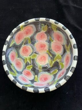 Hand painted Large Mixing Bowl Roses on Black  9”x6”Original Design